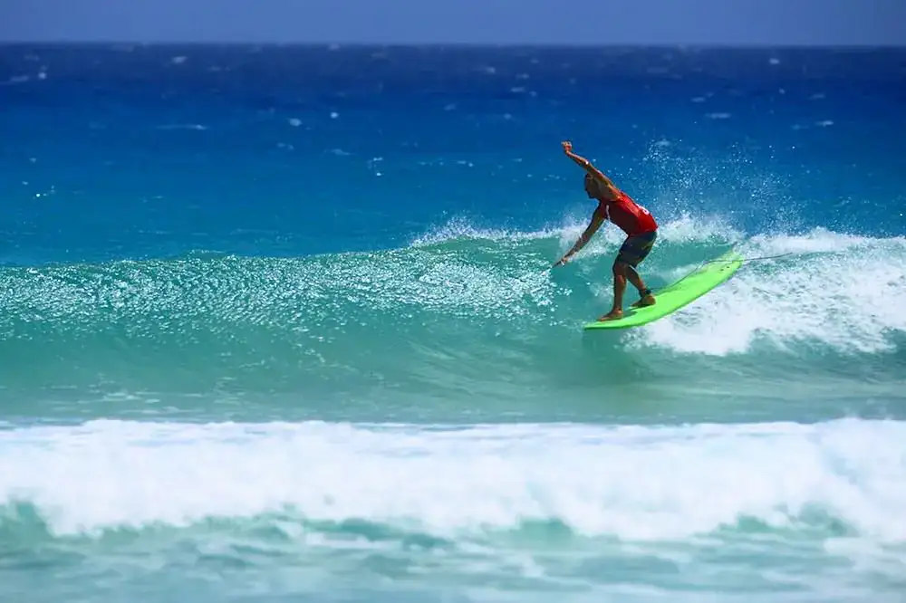 Surfista cabalgando una ola en la punta de su tabla blanda